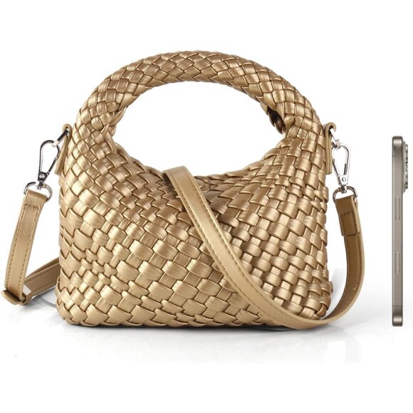 Golden vegan woven handbag for women with detachable crossbody strap - Picture 1 of 7